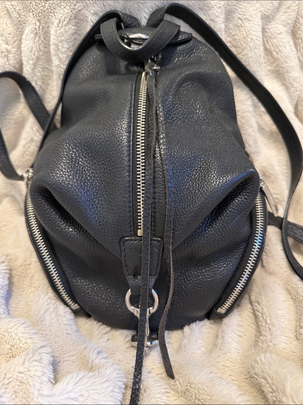 Rebecca Minkoff Black Pebbled Leather Drawstring Backpack with Silver Hardware